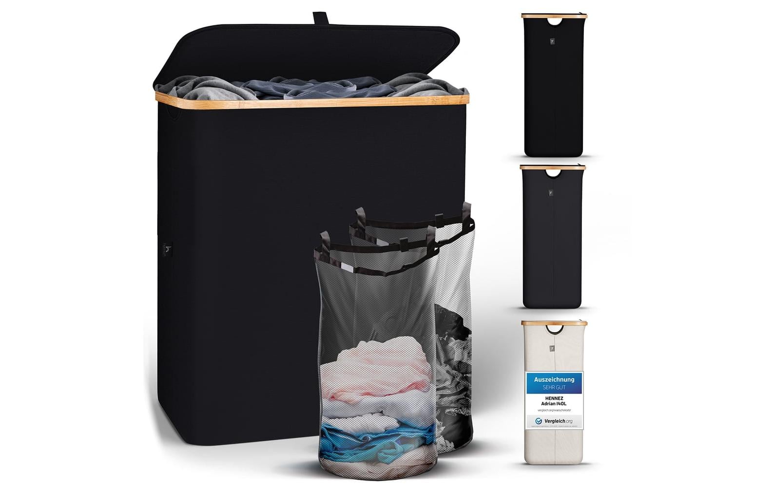 Hennez Wäschekorb Adrian 140L Schwarz 67x57x38cm, Mit Deckel Waschbarer Innensack
