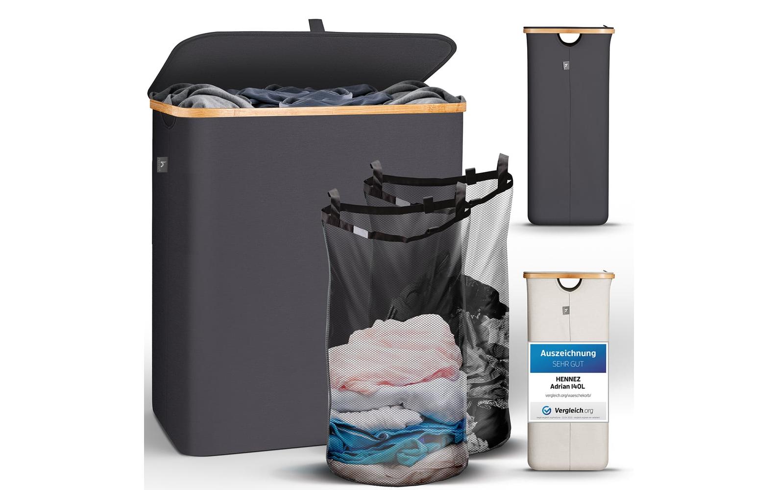 Hennez Wäschekorb Adrian 140L Anthrazit 67x57x38cm, Mit Deckel Waschbarer Innensack