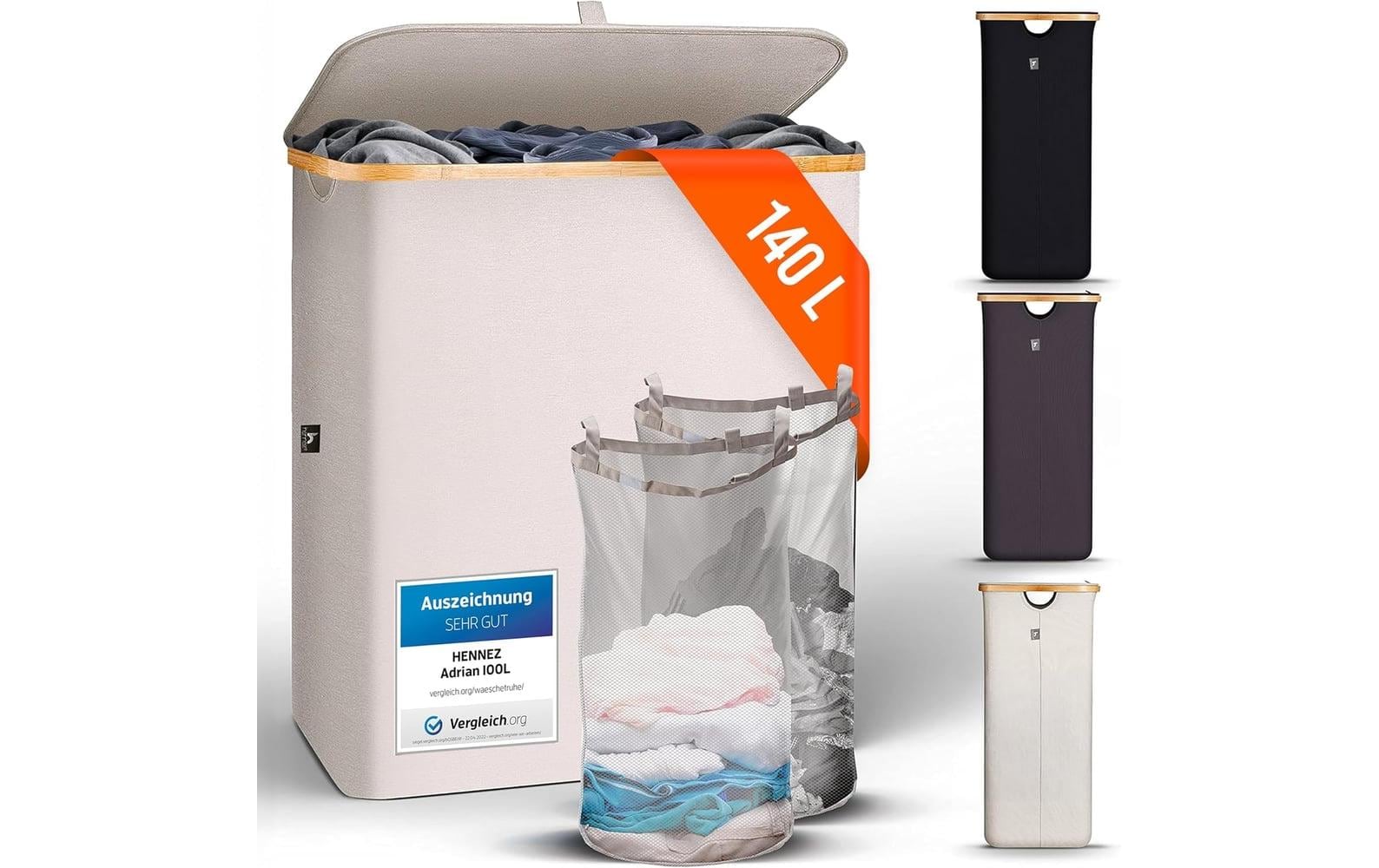Hennez Wäschekorb Adrian 140L Beige 67x57x38cm, Mit Deckel Waschbarer Innensack