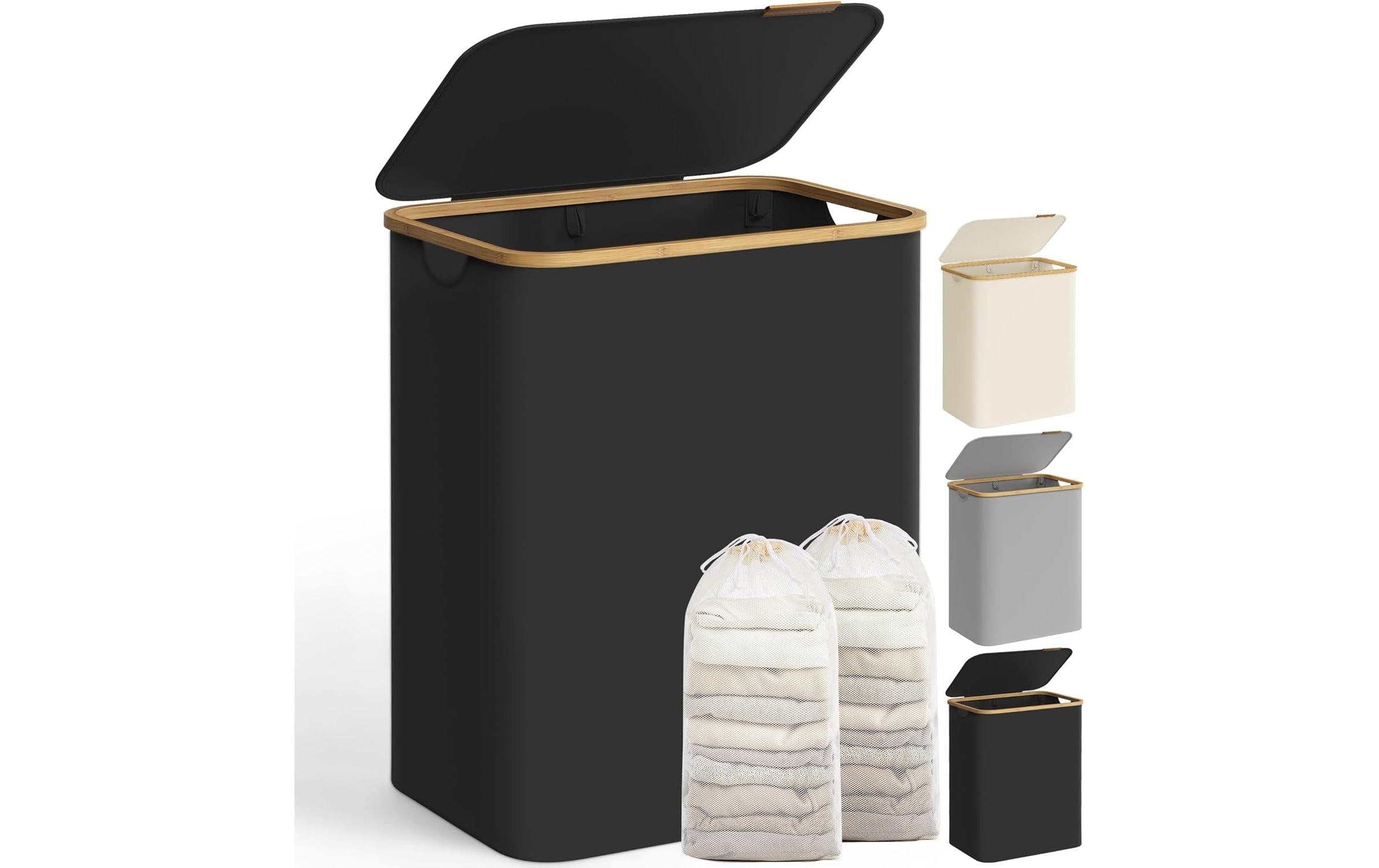 Songmics Wäschekorb Schwarz, 130 L 52x38.5x70.5cm, Bambus,Oxford, Glasfaser