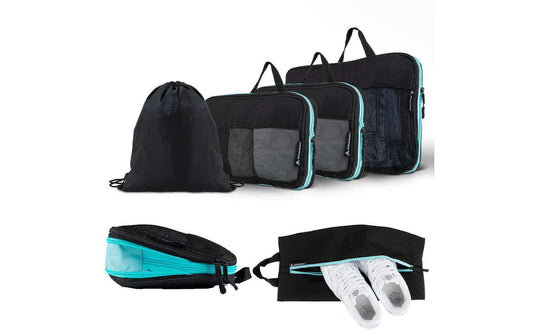 Atacama Kompressionspackwürfel, schwarzes 6er-Set mit Netzeinsätzen, Tragegriffen und Schuhbeutel