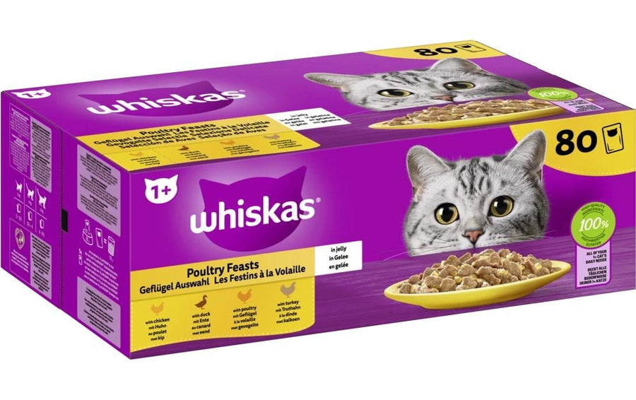 Whiskas 1+ Geflügel Auswahl in Gelee 80x85g 4 Varietäten Huhn, Ente, Geflügel, Truthahn