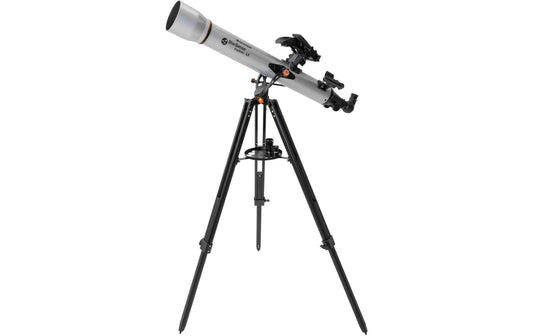 Celestron StarSense Explorer LT 80AZ Refraktor-Teleskop mit silbernem Tubus und schwarzem Stativ