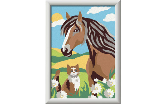 Ravensburger CreArt-Motiv zum Malen nach Zahlen mit braunem Pferd, Katze und Blumen