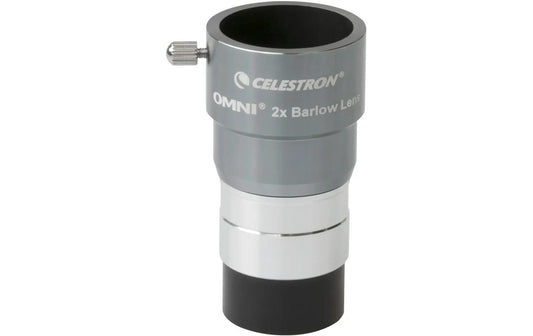 Celestron Omni Barlowlinse 2x aus Metall mit silbernem Gehäuse und schwarzem Anschluss