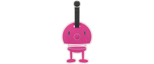 Hoptimist-Kofferlabel in Pink mit schwarzem Befestigungsriemen, Motiv mit weißem Rand