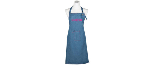 Jeans-Schürze mit pinker Aufschrift 'glock(l)ich' und Brusttasche