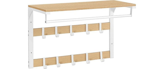 VASAGLE Wandgarderobe mit 10 Haken, 65 x 42 cm, Weiss/Braun