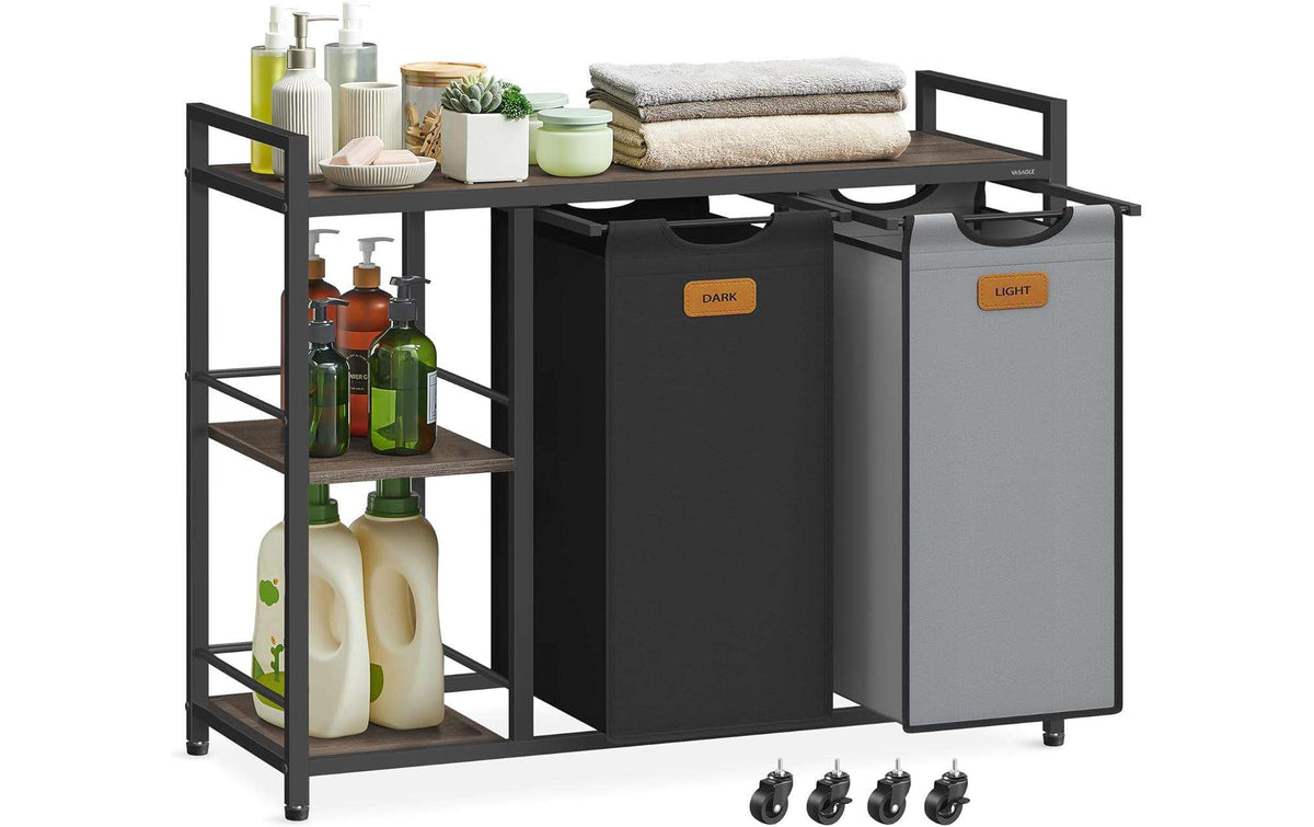VASAGLE Wäschekorb  mit 2 Fächern 100 l, Schwarz/Braun/Grau