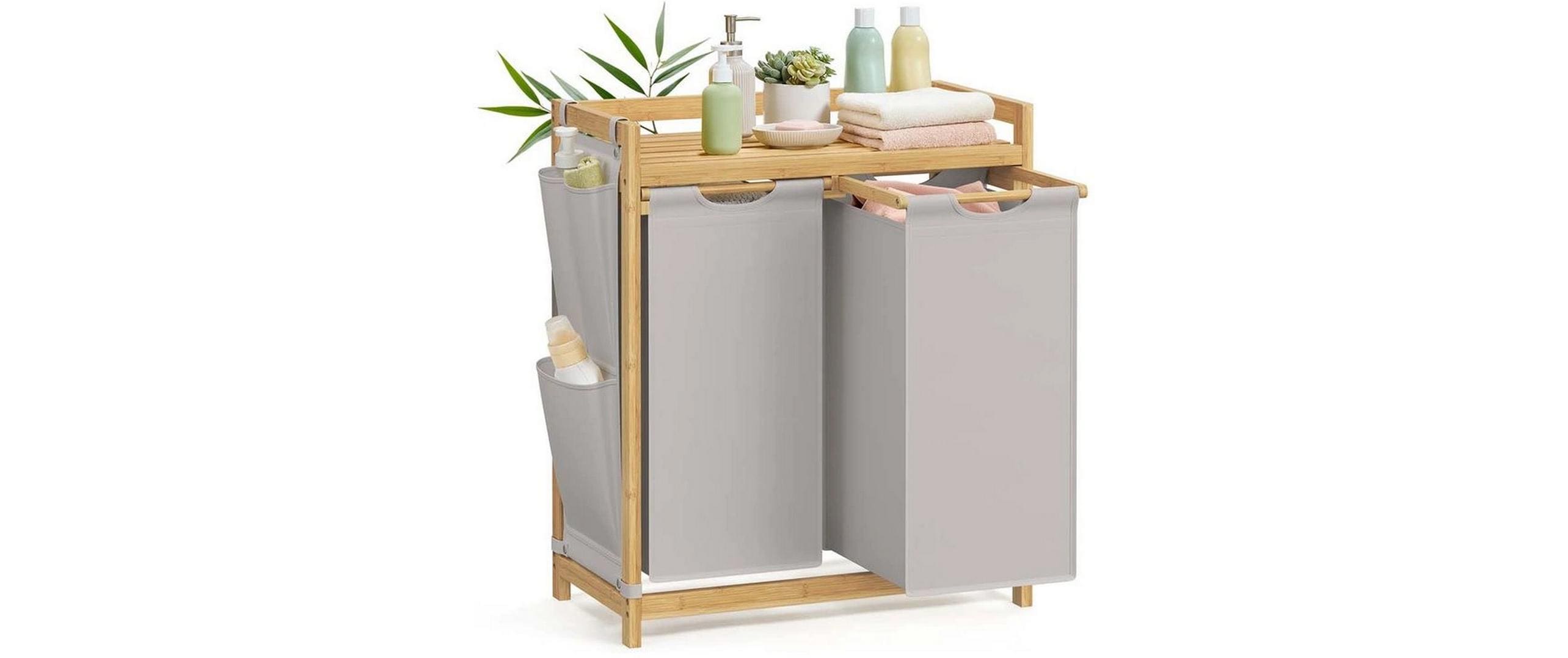 Songmics Wäschekorb mit 2Fächern,Grau-Natur 63.2x33x78 cm (LxBxH), Textil, Bambus