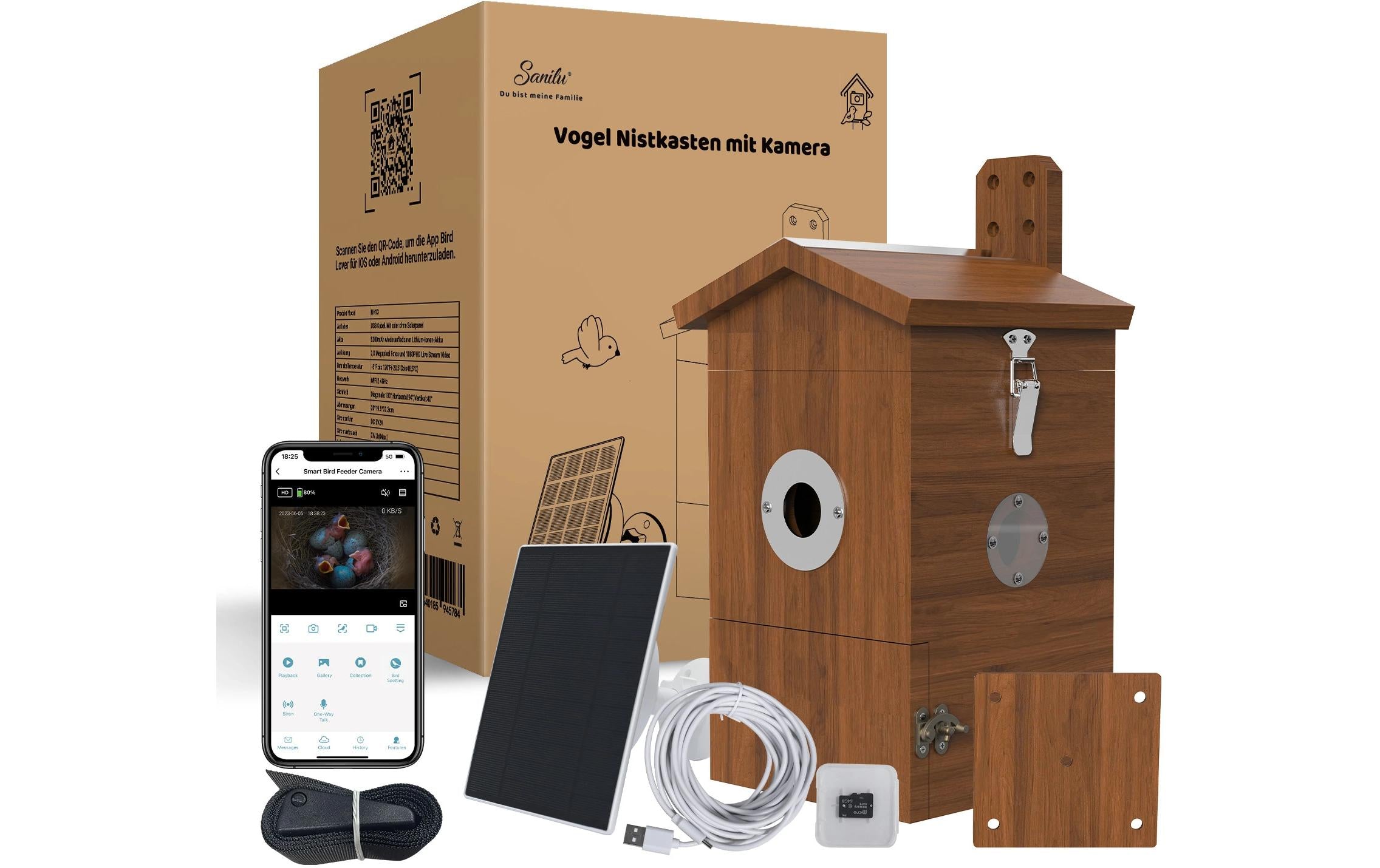 Sanilu Vogel Nistkasten mit Kamera und Solarpanel