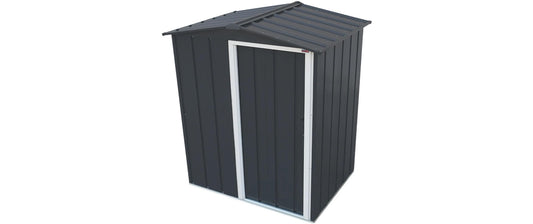 Duramax Eco-Shed Metall-Gartenhaus mit dunklen Wänden, Satteldach und heller Türumrahmung