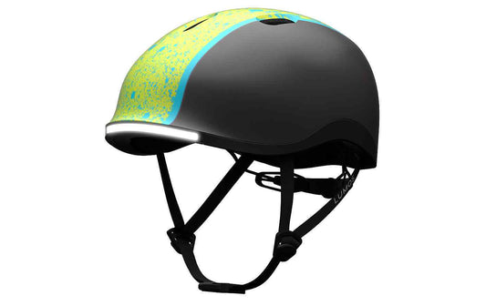 LUMOS Nyxel Jugend-Velohelm in Schwarz mit neongrün-blauem Muster und Kinnriemen