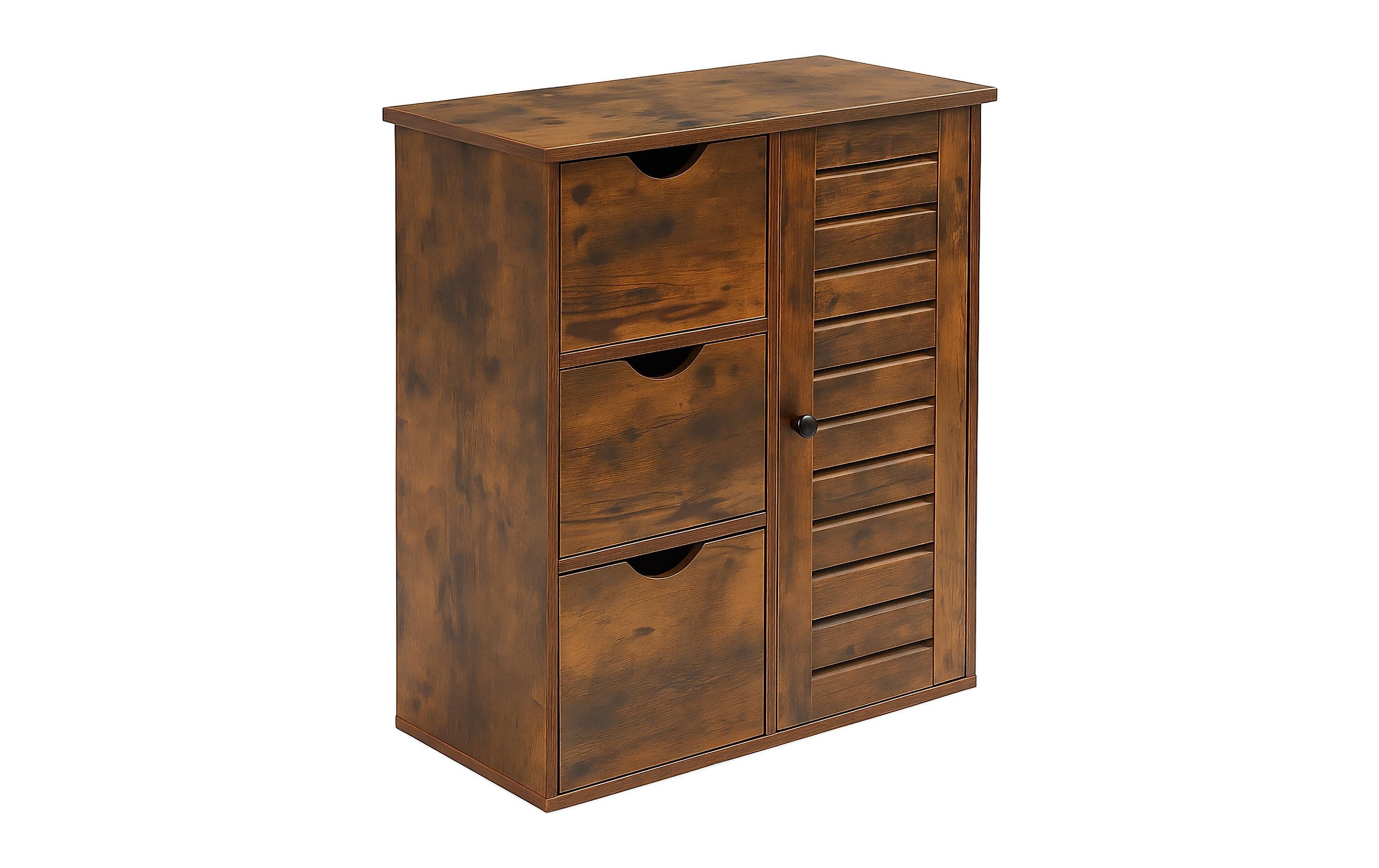 relaxdays Badezimmerschrank mit 3 Schubl. Braun 80 x 60 x 30 cm Mitteldichte Holzfaserplatte (MDF), Grundmaterial: Holz