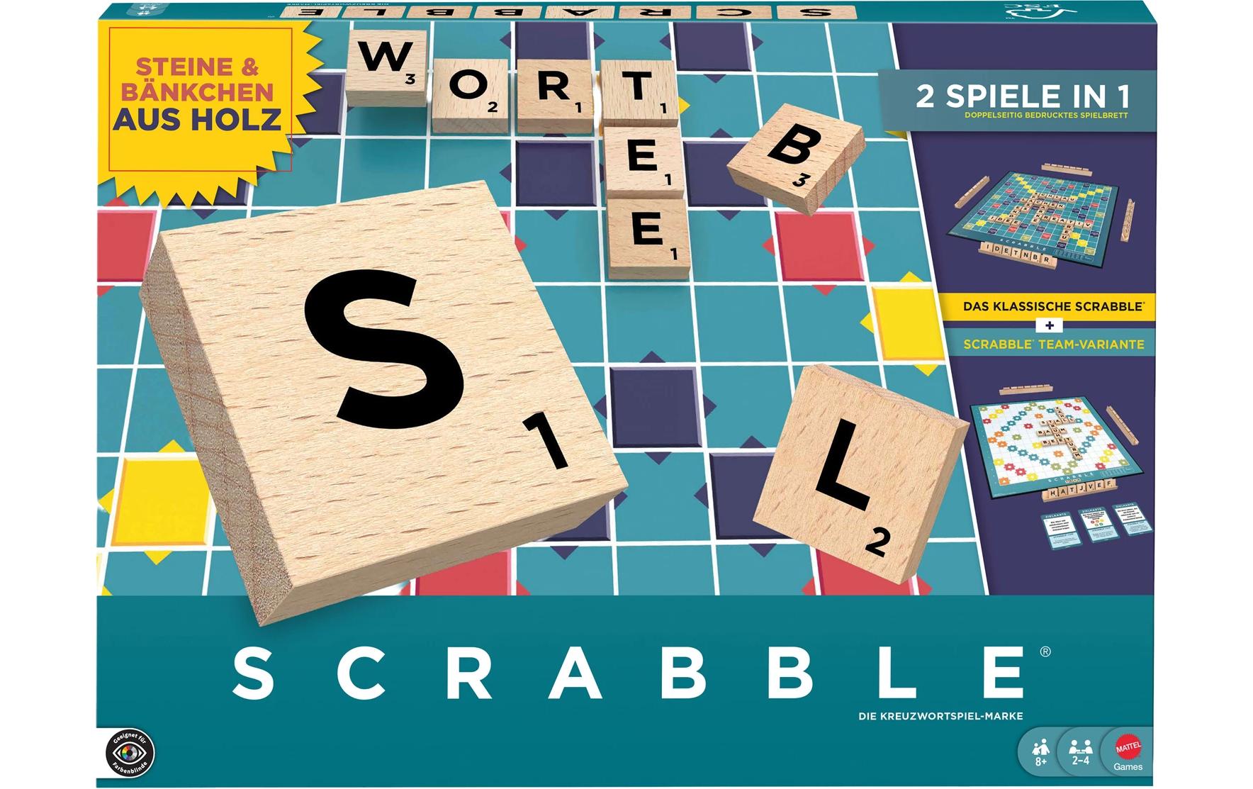 Mattel Spiele Scrabble Original Holz 2 in 1 , 2-4 Spieler –