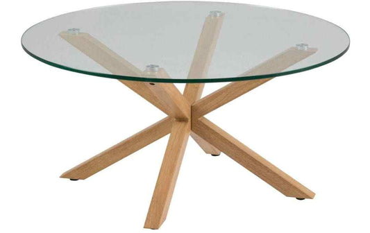 Runder Couchtisch Heaven mit transparenter Glasplatte und sternförmigem Gestell aus Eiche