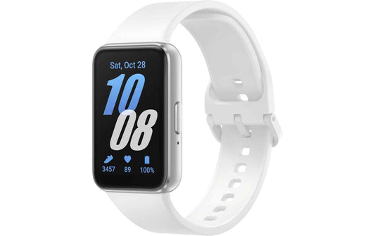 Samsung Galaxy Fit3 Aktivitätstracker mit weißem Armband und rechteckigem Farbdisplay