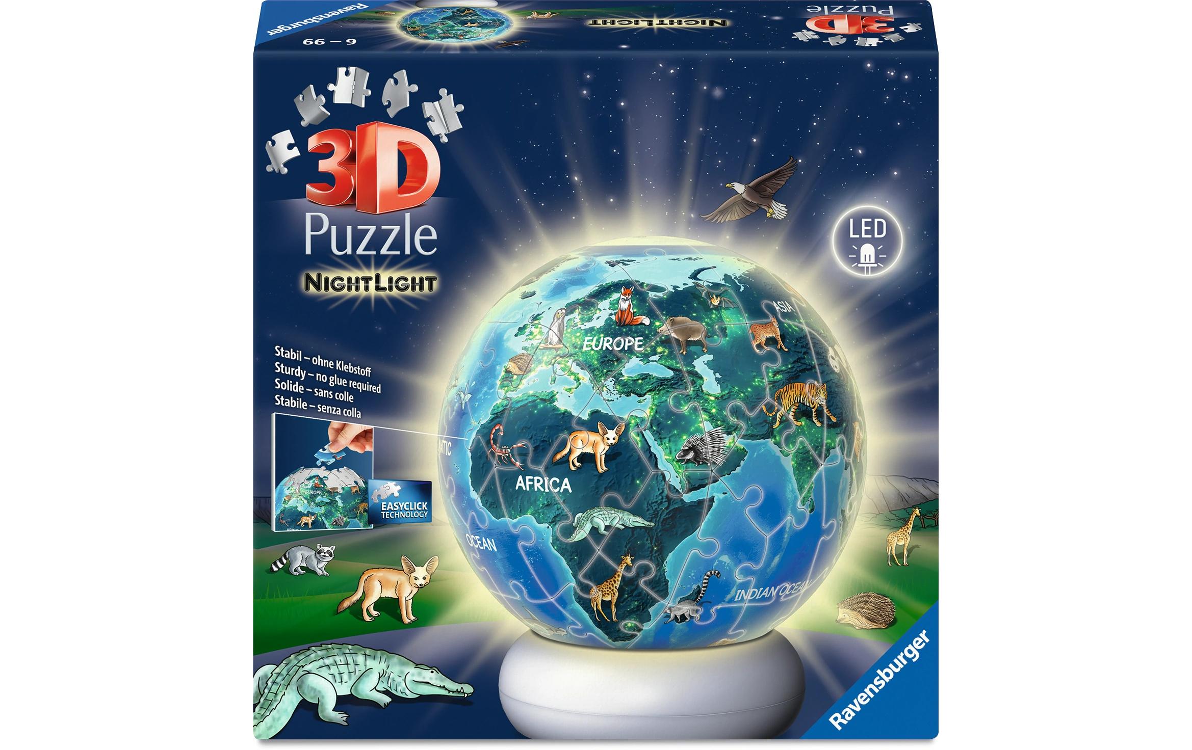 Ravensburger 3D Puzzle-Ball Nachtlicht Erde mit Tiermotiven