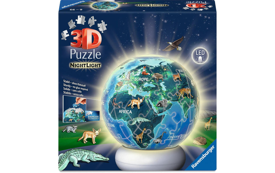 Ravensburger 3D Puzzle-Ball Nachtlicht Erde mit Tiermotiven