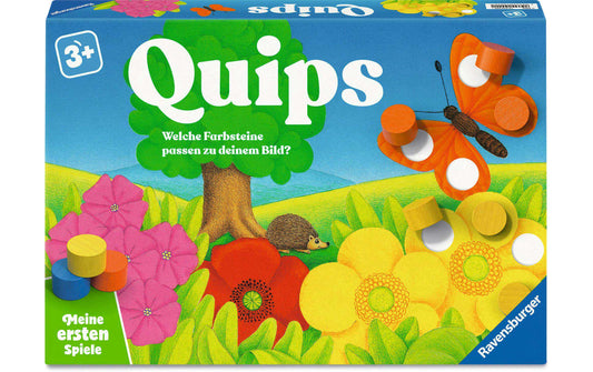 Ravensburger Kinderspiel Quips mit bunten Farbsteinen und Tiermotiv auf der Schachtel