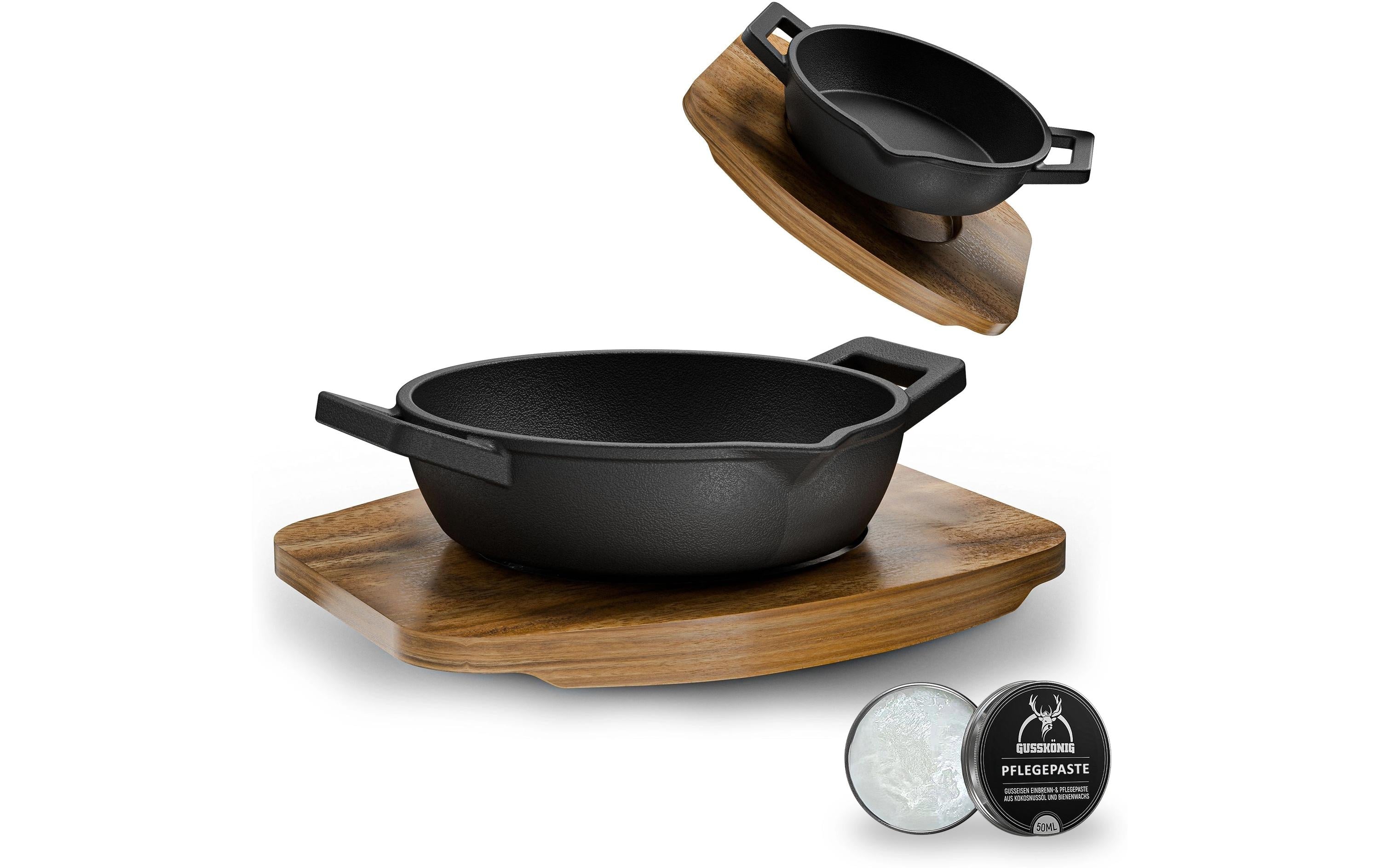 Gusskoenig Eingebrannte runde Mini-Pfanne 2-set mit Holzsockel