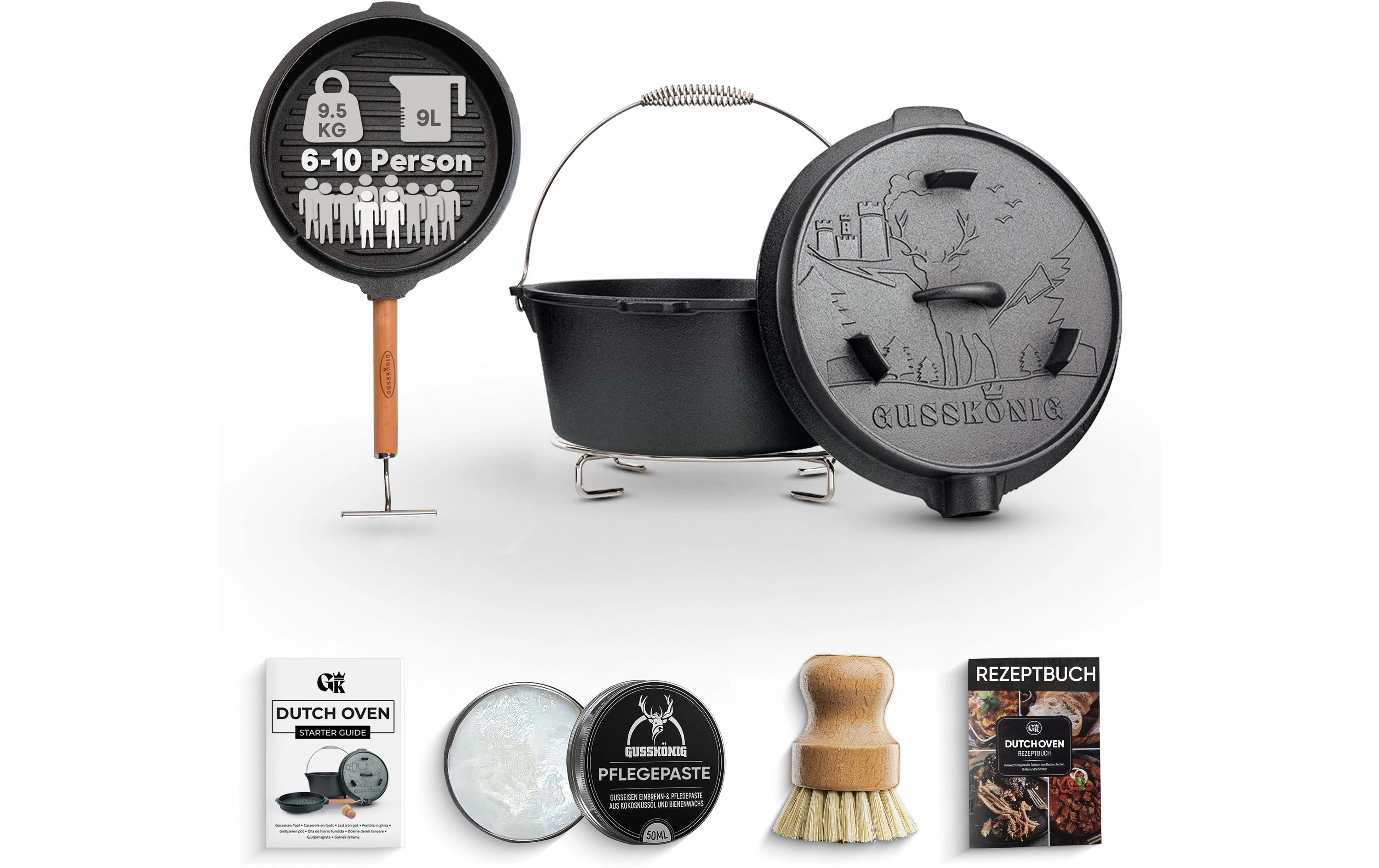 Gusskoenig Dutch Oven Set 9 l mit 2in1 Deckelheber ohne Füsse