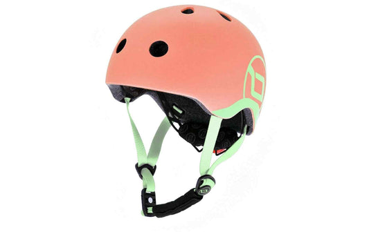 Scoot and Ride Kinderhelm in Pfirsichorange mit hellgrünen Riemen und Belüftungsöffnungen