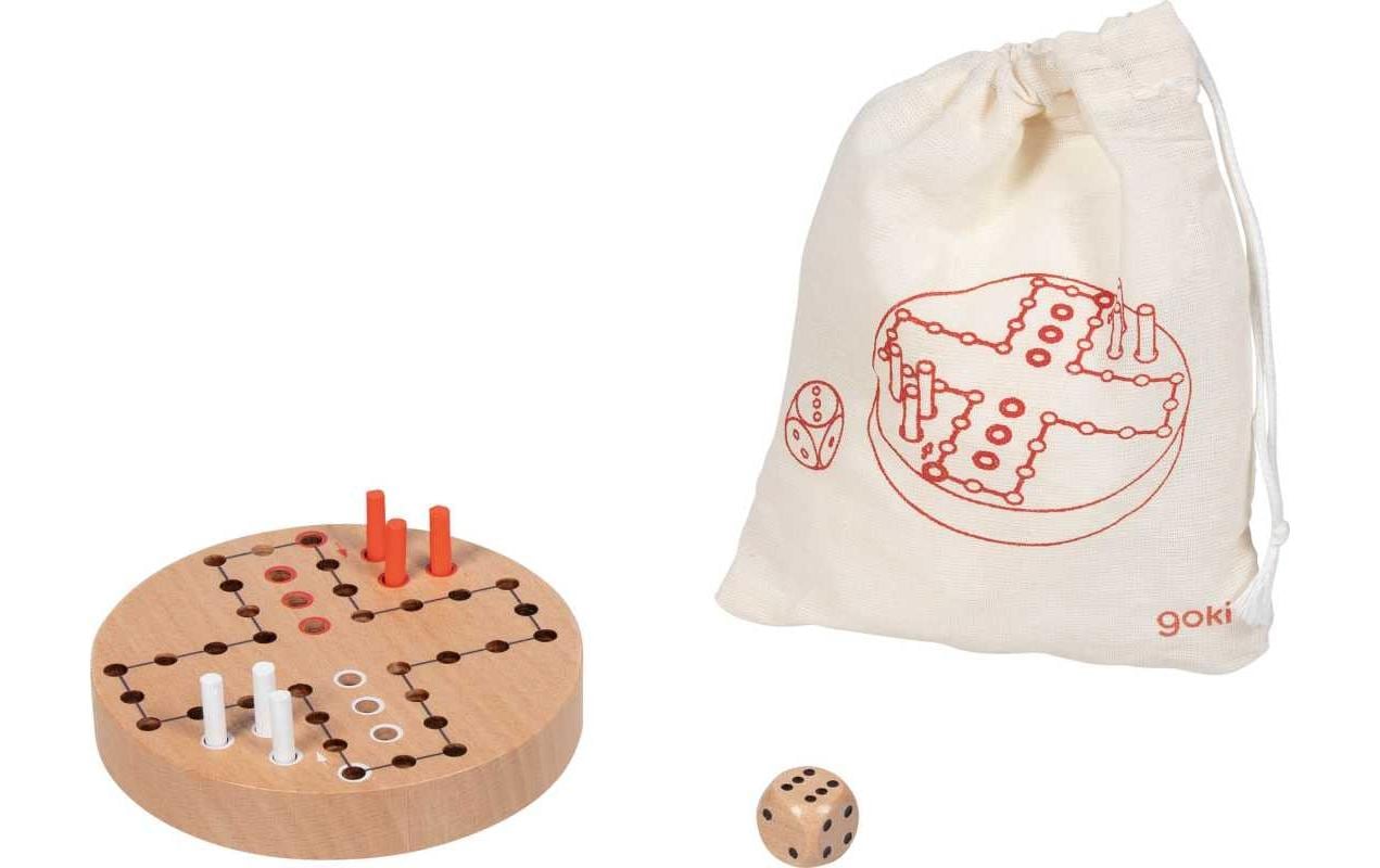 Goki Familienspiel Ludo im Baumwollbeutel Ø 9 cm, 8 Teile
