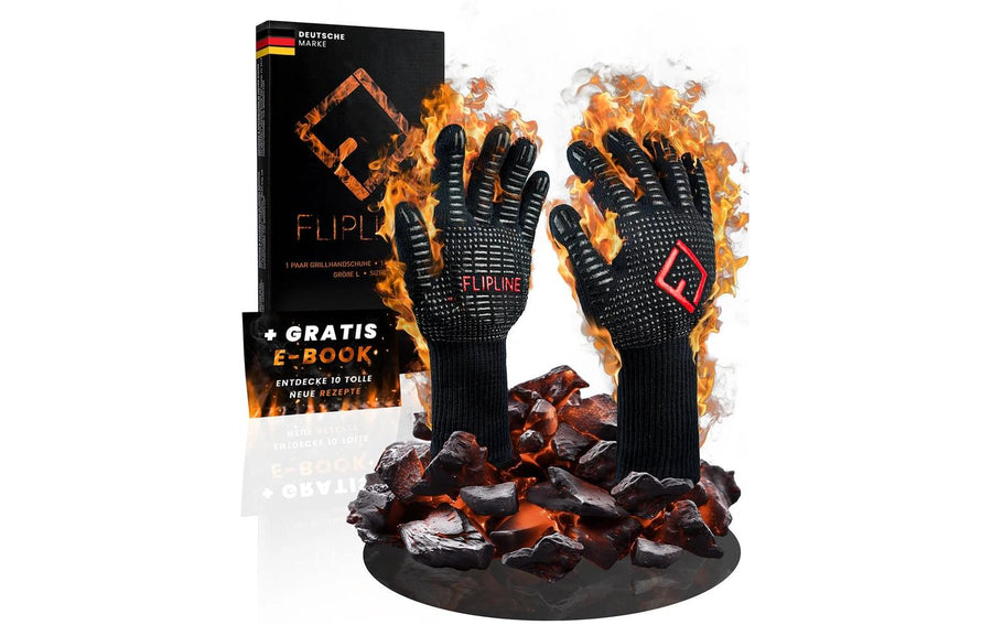 Flipline Grillhandschuhe L – hitzebeständig Schwarz Baumwolle Silikon Grills & Feuerstellen Flipline