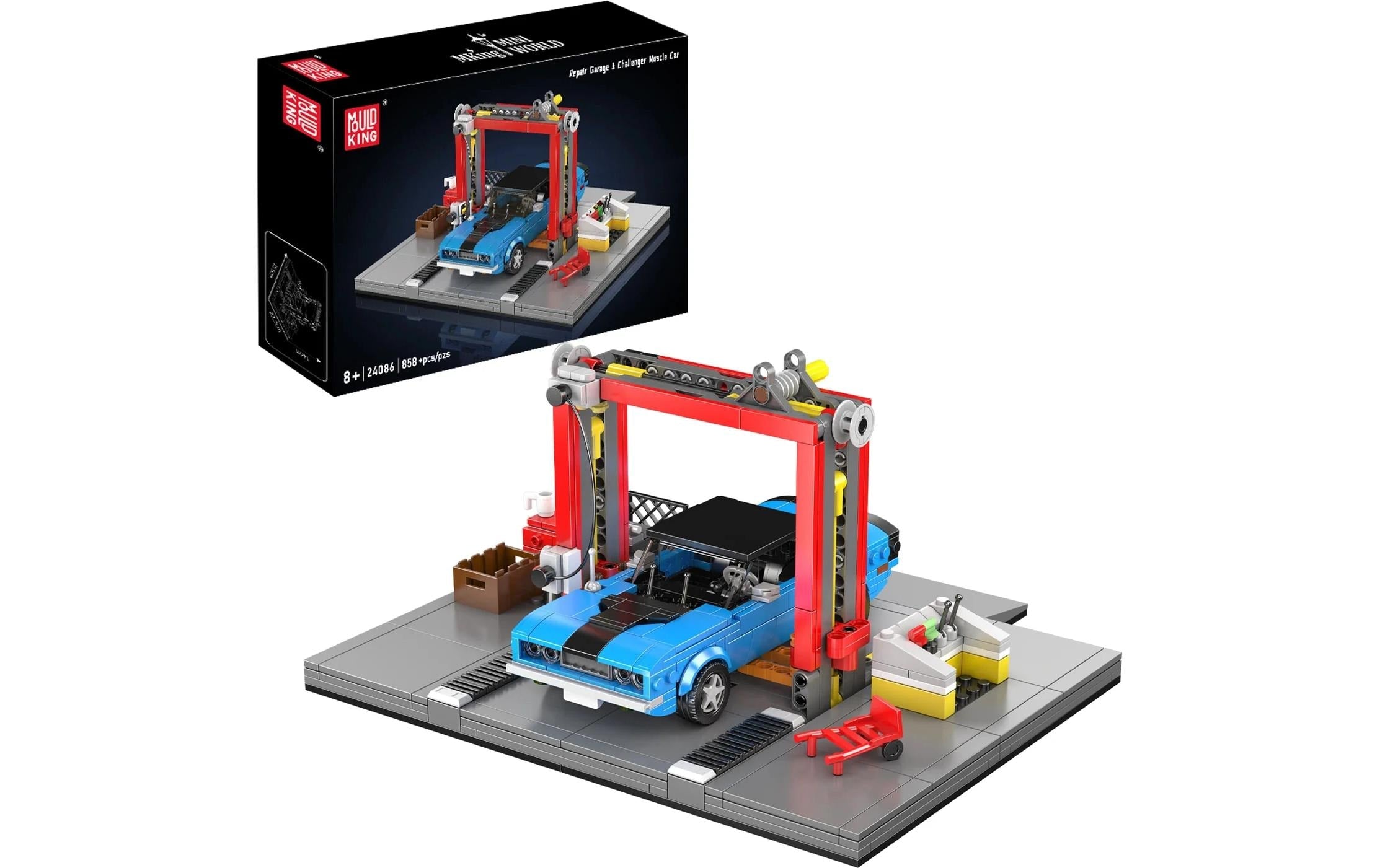 Mould King Werkstatt und Challenger Muscle Car Werkstatt-Diorama