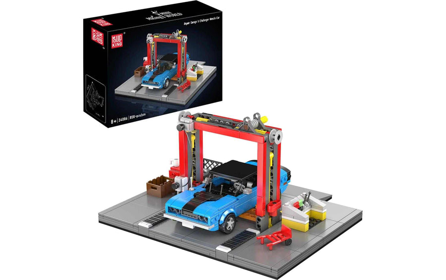 Mould King Werkstatt und Challenger Muscle Car Werkstatt-Diorama