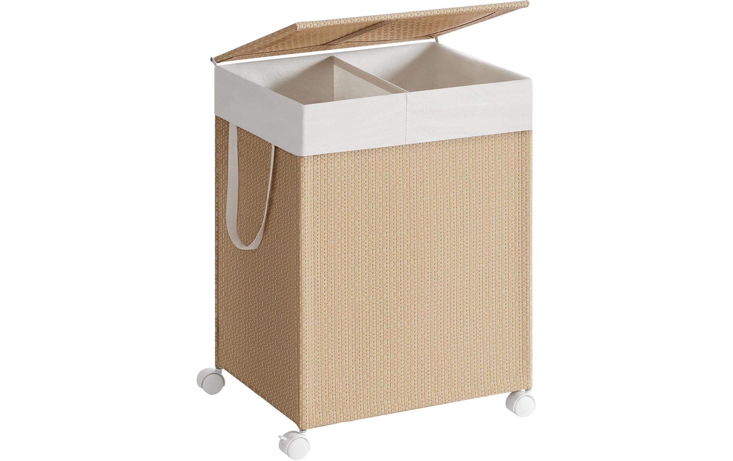 Songmics Wäschekorb Natur-Weiss 46.5x37.5x65 cm, Bambus, Polyester, Oxford