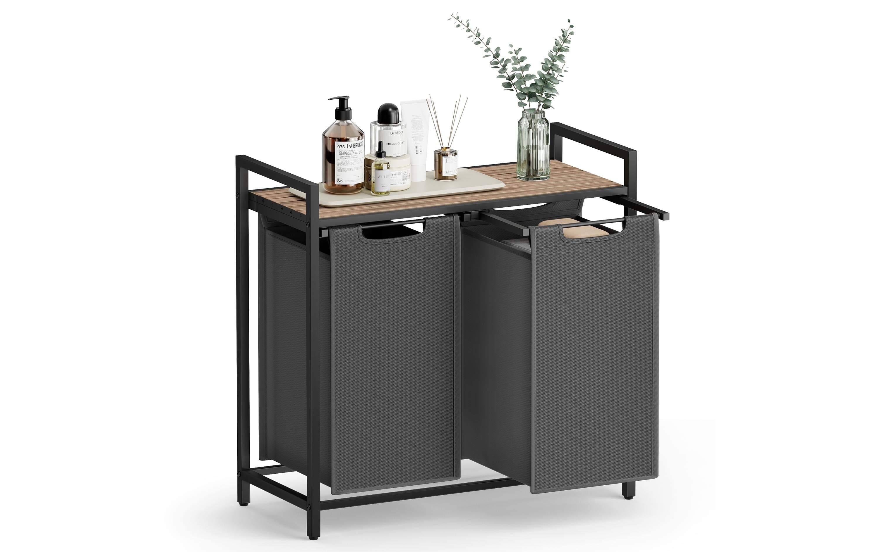Vasagle Wäschekorb mit Ablage Grau, 2x46L 73x33x72 cm, MDF, Stahl, Textil