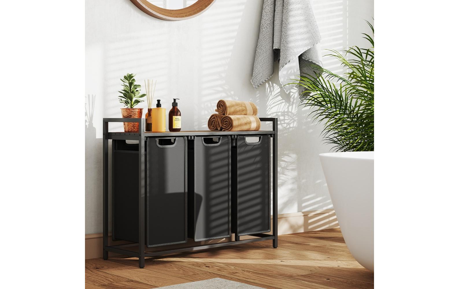 Vasagle Wäschekorb mit Ablage, 3x 38L 92.5x33x72 cm, MDF, Stahl, Textil