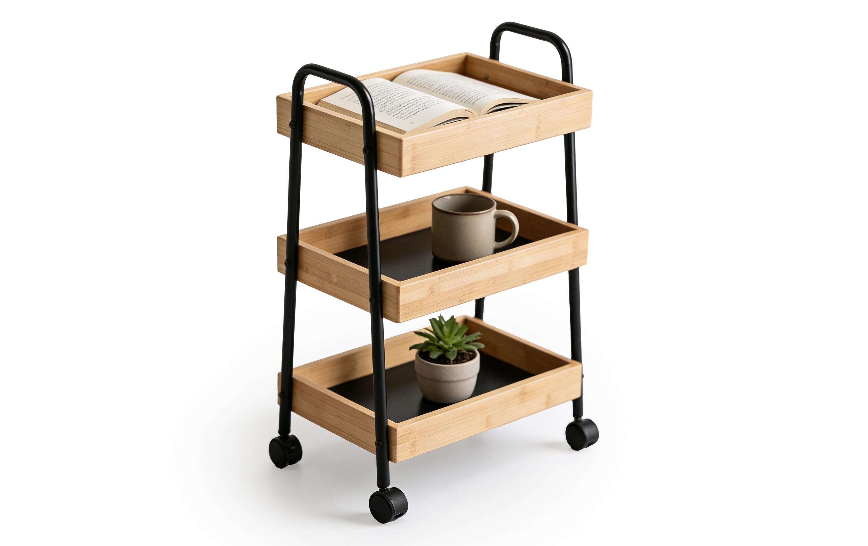 relaxdays Rollwagen Bambus 3 Ebenen 73 x 45,5 x 28 cm
