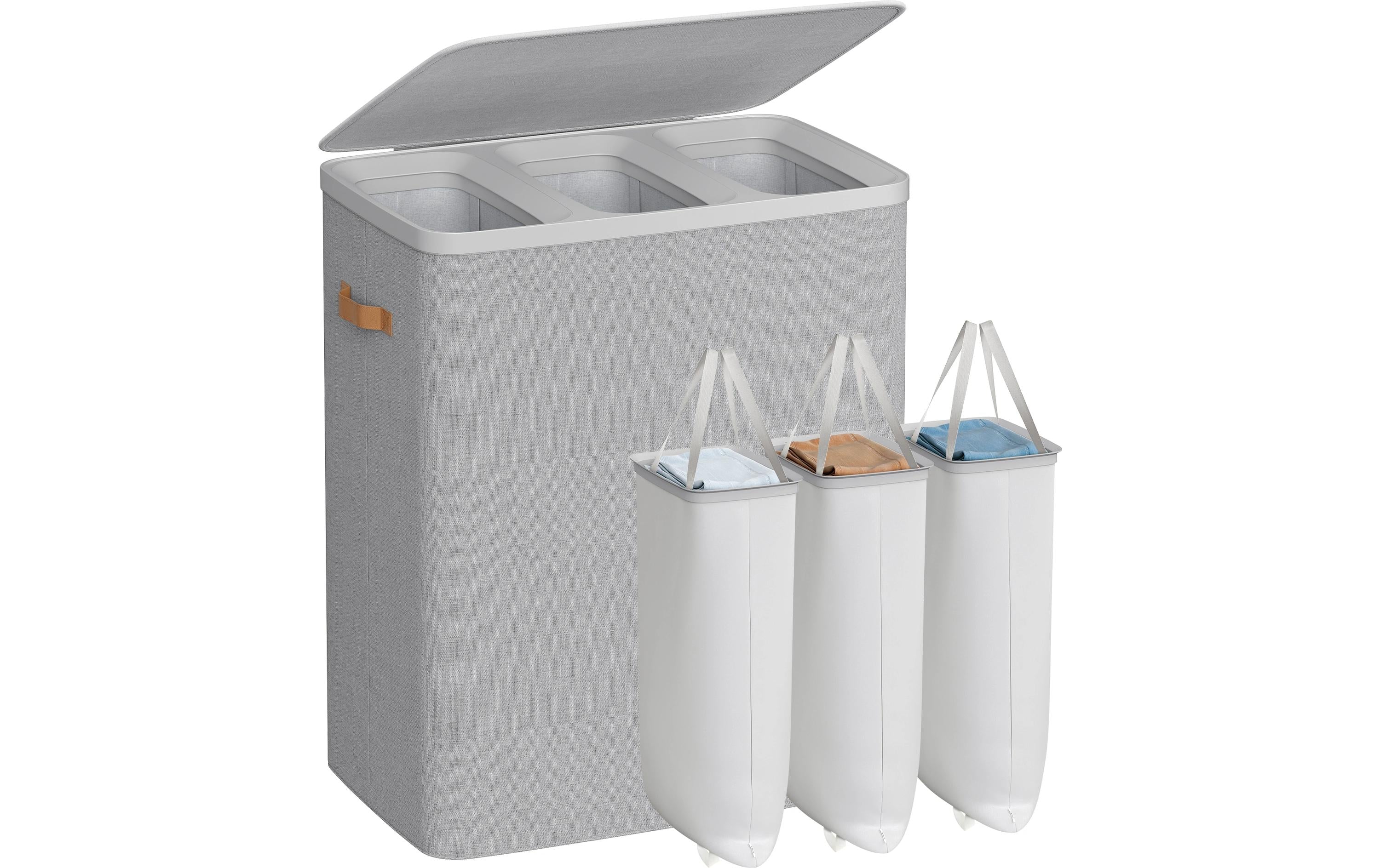 Songmics Wäschekorb Grau, 3 Säcke 64x40x75 cm, Polyester, Oxford, PP, MDF