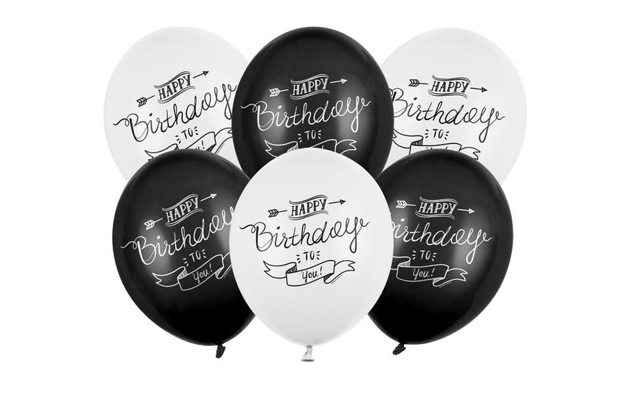 Partydeco Ballons Happy Birthday, 6er-Set Schwarz/Weiss, 30 cm