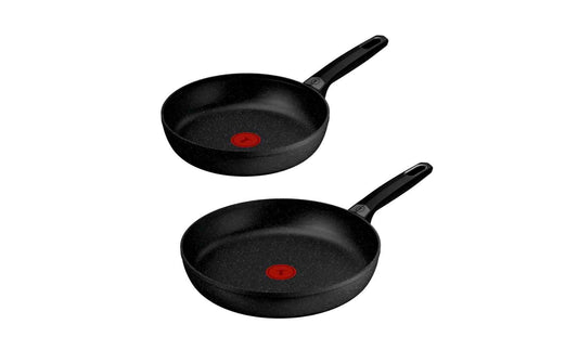 Tefal Bratpfannenset Excell mit zwei schwarzen Pfannen und roten Temperaturindikatoren