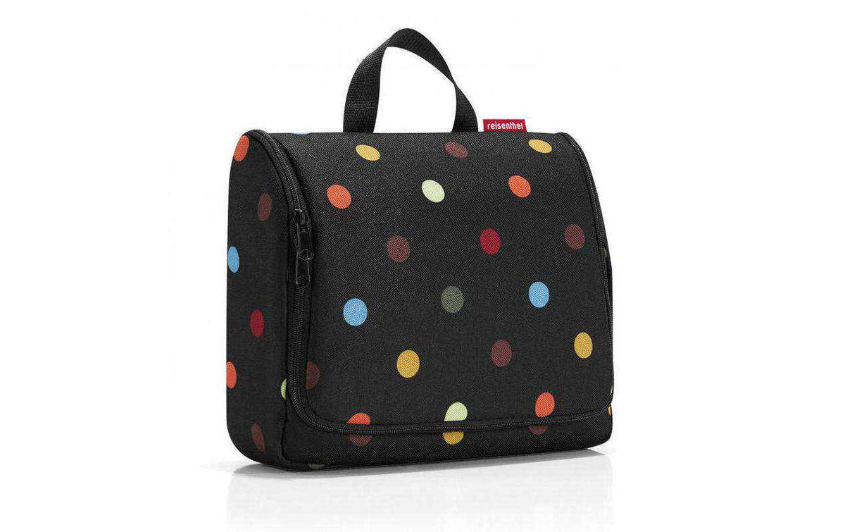Reisenthel Kulturtasche mit Henkel, schwarz mit bunten Punkten und Klappe