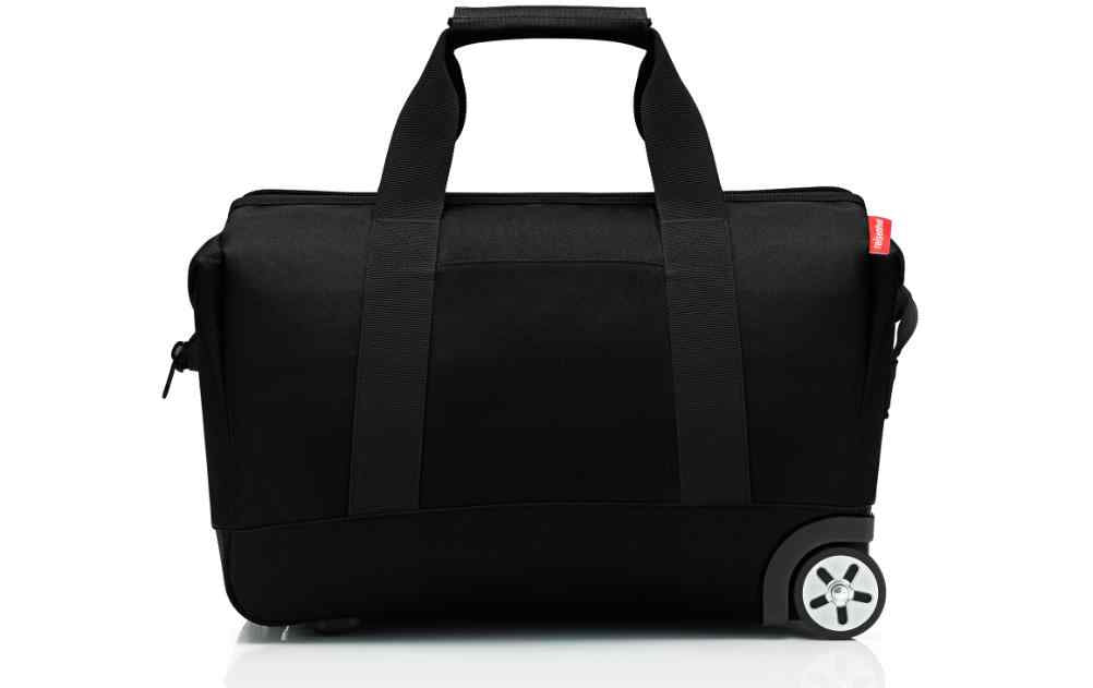 Reisenthel Allrounder Trolley-Reisetasche in Schwarz mit Tragegriffen und Rollen.