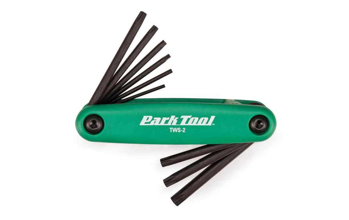 ParkTool TWS-2 Torx-Schraubenschlüsselsatz mit grünem Griff und mehreren schwarzen Schlüsselarmen